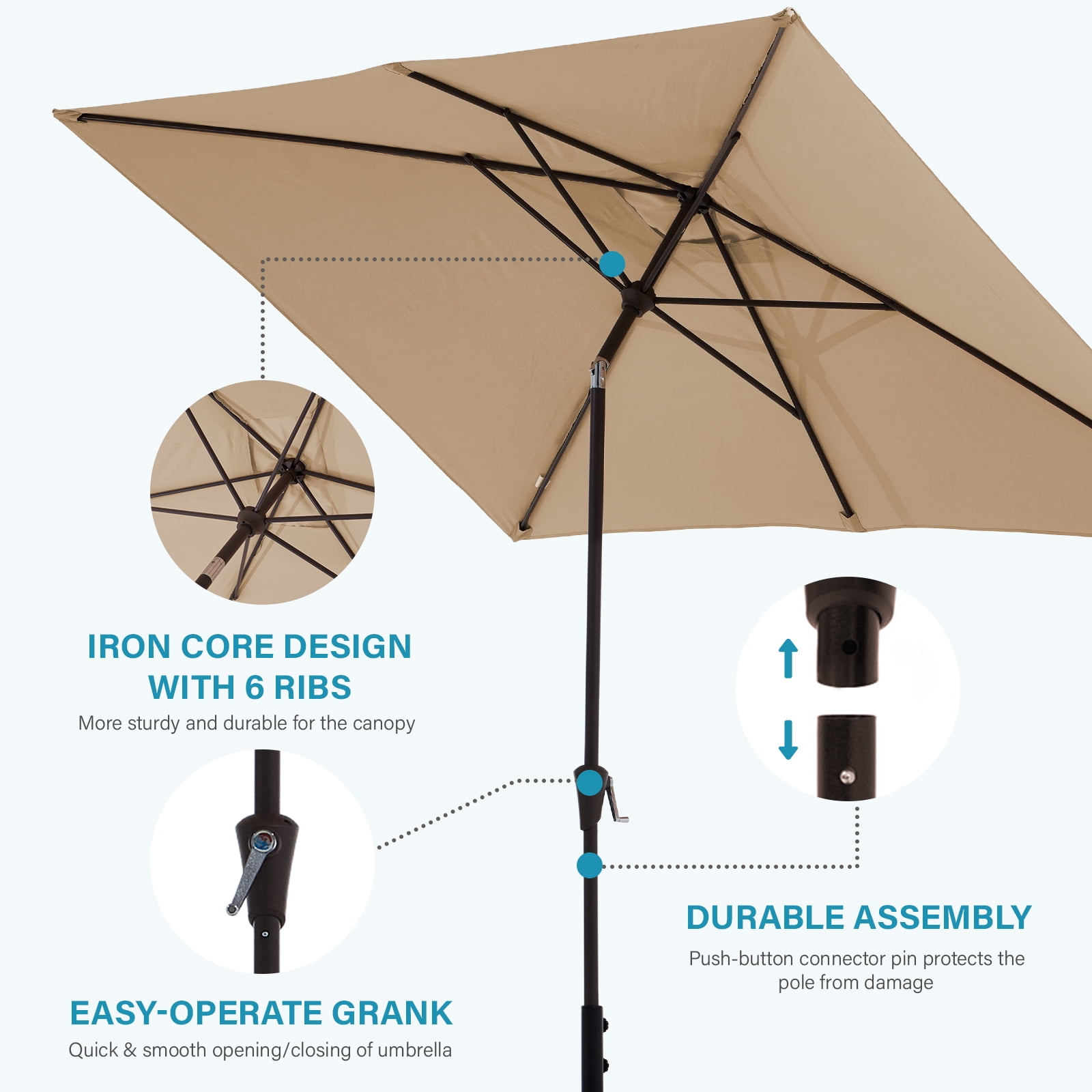 FUNDAZE 6.5' x 10' Rectangular Patio Umbrella w/ Crank, 8 Sturdy Ribs, Outdoor Shade for Chair Table Deck Garden Patio Poolside Balcony Backyard, Beige