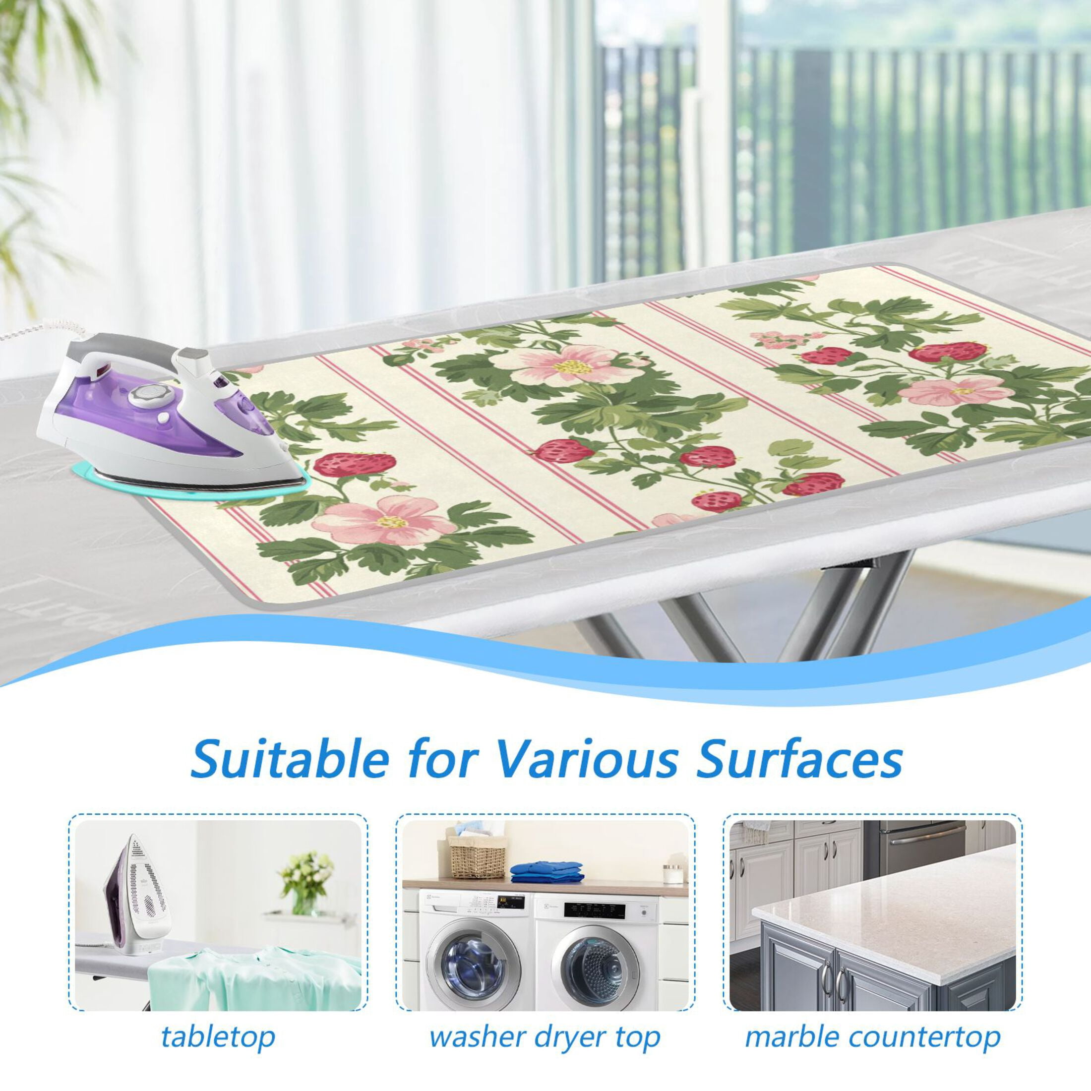 Strawberries Leaves Flowers Pastel Color Ironing Mat Blanket Portable Travel Ironing Pad Heat Resistant Pad 47.2" x 27.6”