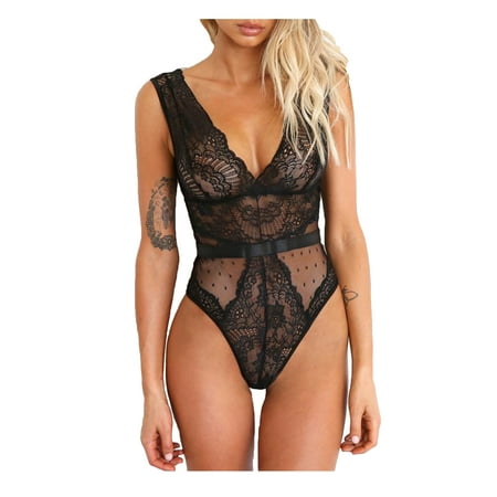 

Lazybaby Women Lace Bodysuit Sleeveless V Neck Leotard Tops Jumpsuit Lingerie