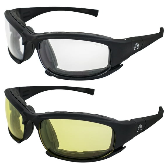 Alpha Omega 3 Motorcycle Sunglasses Foam Padded Riding Safety Glasses Z87.1 Convertible to Goggles for Men or Women 2 Pair Black Frame w/ Clear & Yellow Lenses
