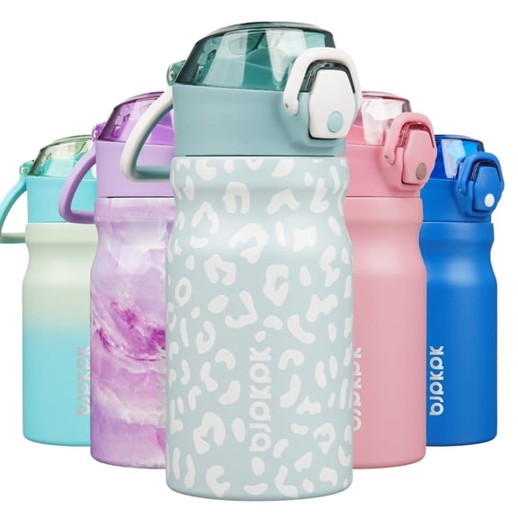 BJPKPK Water Bottle With Straw 14oz Insulated Water Bottles Reusable Stainless Steel Metal Thermos With Leak Proof Lockable Lid And Carry Handle,Light Blue Leopard