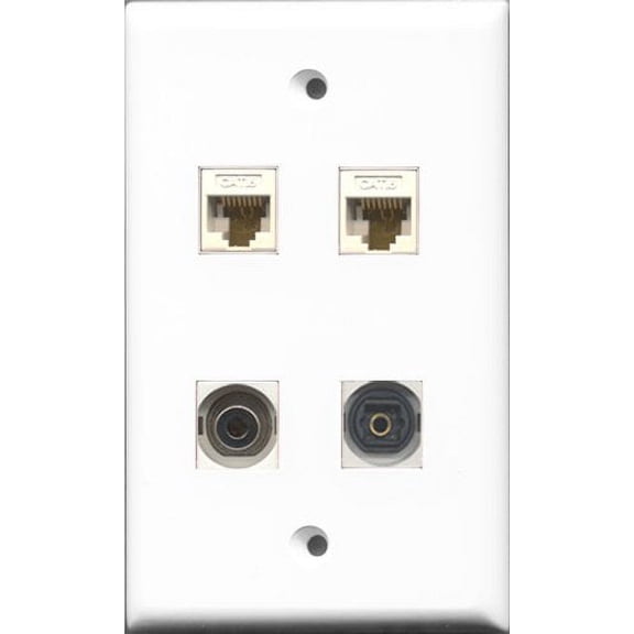RiteAV 1 Port Toslink and 1 Port 3.5mm 2 Port Cat6 Ethernet White Wall Plate