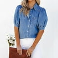 thumbnail image 4 of XMHJSMD Lightweight Shirt for Women Women's Short Sleeve Denim Shirt Straight Pocket Loose Top Puff Sleeves Top Womens Fashion (Blue,S), 4 of 9