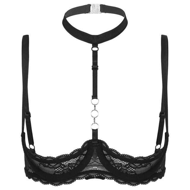 Aislor Womens Sheer Floral Lace 1/4 Cup Bras Halter Lingerie Bra Tops Underwired Bra Black XXL
