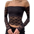 thumbnail image 2 of Arvbitana Women Lace Camisoles Long Sleeve Off-shoulder Floral See-through Mesh Crop Tops Sexy Slim Fit Basic Tee Streetwear Clubwear, 2 of 5