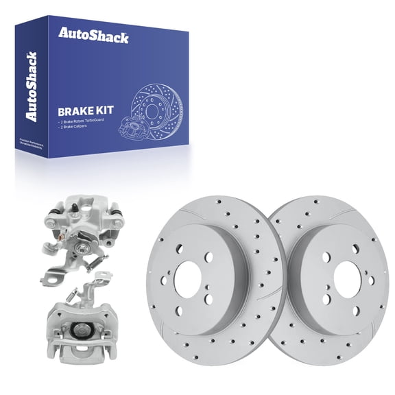 AutoShack Rear Solid Drilled & Slotted Coated Brake Rotors Silver Matte Finish   Calipers 4-PC Brake Kit Replacement for 2014-2019 Toyota Corolla 2009-2011 Toyota Corolla TurboGuard 10.2" (259 mm)