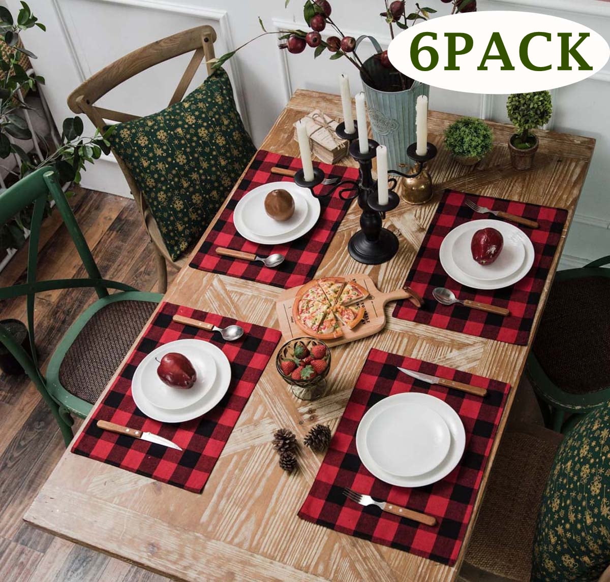 Set of 6 Christmas Placemats Red Black Buffalo Check Placemats Plaid