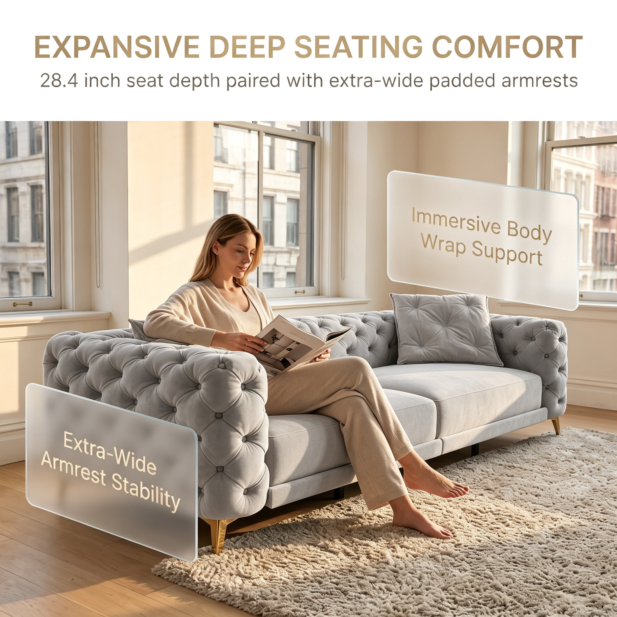 3-in-1 Velvet Sleeper Sofa Bed, 97.7" Modern Button Tufted Convertible Pull Out Couch with Gold Metal Legs & Deep Seat for Living Room, Light Gray