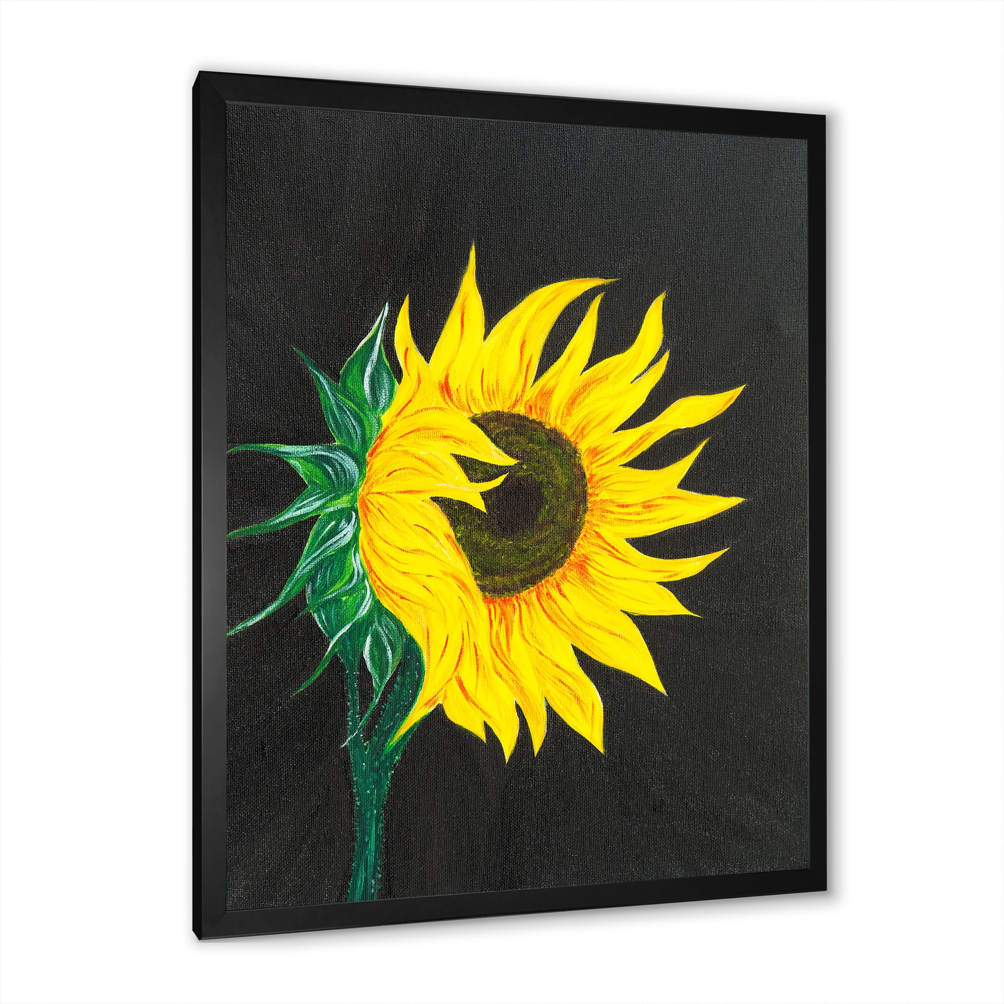 Designart 'Yellow Sunflower On Black' Traditional Framed Art Print