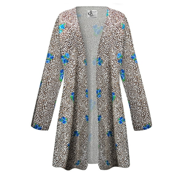 Women's Plus size 0x Petite Maxi Cardigan Straight Cheetah Hydrangea Designer Print Slinky Casual Long Flowy Drape Mid-Weight Duster Sweater Made in USA
