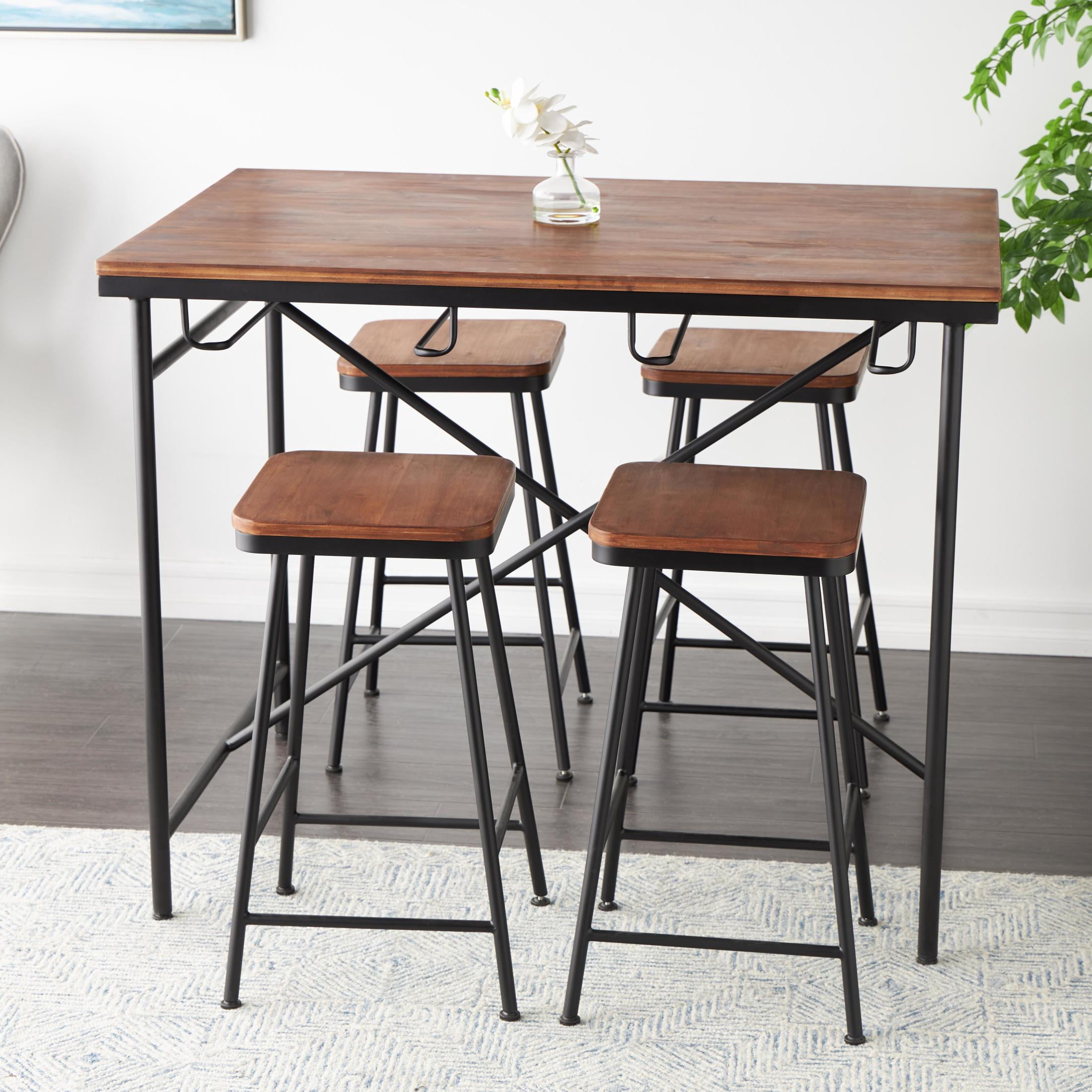 DecMode 14" x 27" Black Metal Compact Suspended Storage Dining Table with Brown Wood Tabletop and 4 Stools, 5-Pieces