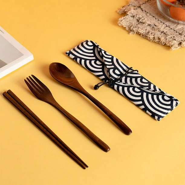 ZHAOCHENG Vajilla de madera, 3 piezas de cubiertos de madera de estilo japonés en bolsa de estilo oriental con 1 x cuchara, 1 x tenedor, 1 x palillos con bolsa Vajilla de sushi Vajilla para viajes fam