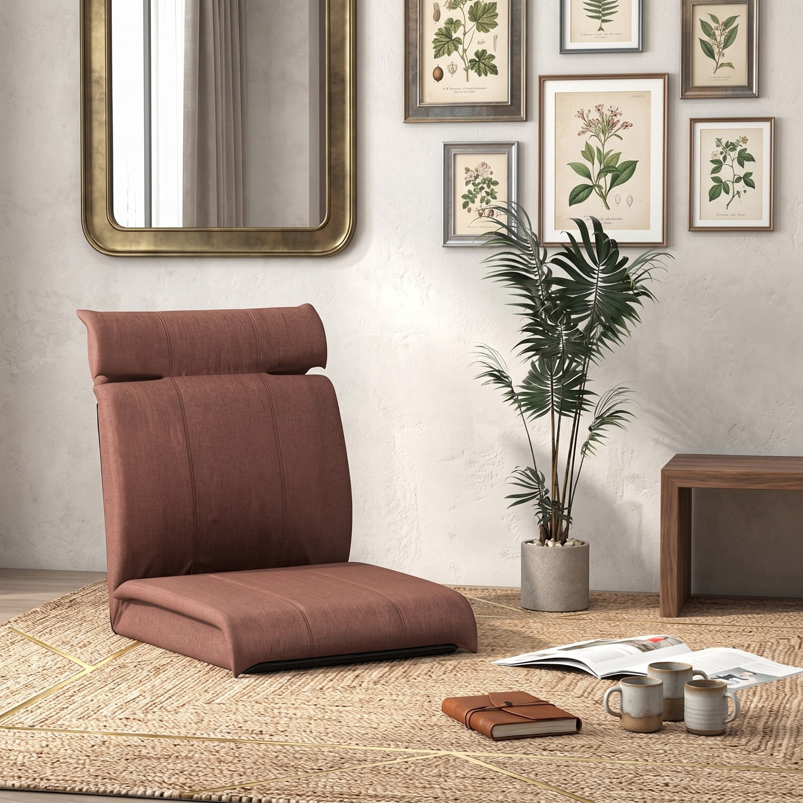 Furnibear Folding Floor Chair Lazy Sofa Lounger with 14-Position Adjustable Backrest and 5-Position Headrest, Linen Padded Recliner for Gaming Reading, Brown