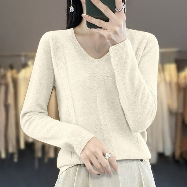 Suéter de cuello en V para mujer, color liso, manga larga, cuello en V, suéter de punto con flores torcidas, blusa para mujer