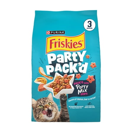 Purina Friskies Party Pack’d with Flavors of Chicken, Liver and Turkey Crunchy Dry Cat Food, 3 lb.