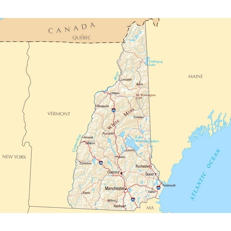 Laminated Map - Large map of New Hampshire state with roads, highways