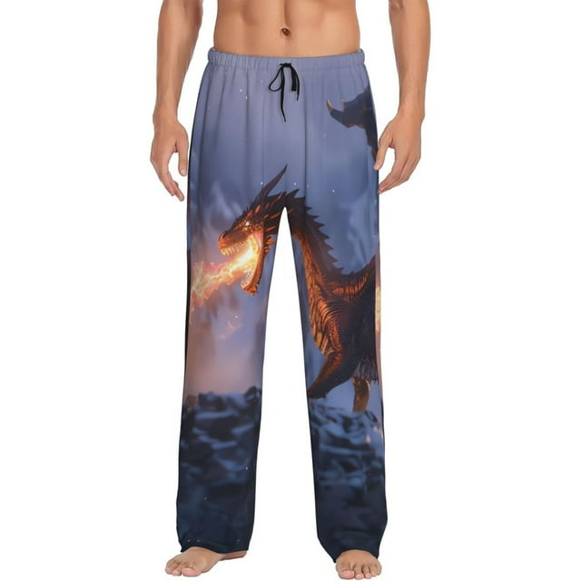 Kdxio Winter Fire Dragon Pattern Men's Pajama Pants, Elastic Waist with Drawstring and Pockets, Comfortable Loungewear-XX-Large