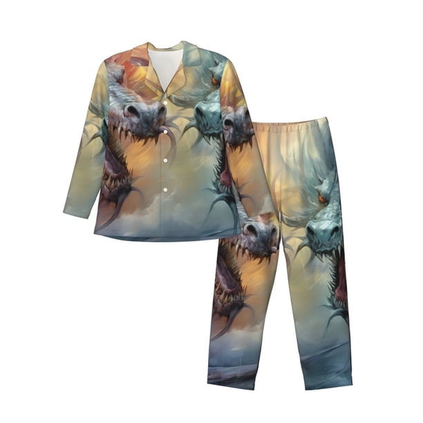 Fotbe White And Red Storm Dragon Pijama de Hombre con Estampado de Manga Larga, Conjunto de 2 Piezas, Ropa de Dormir Suave y Cómoda con Bolsillos-XX-Large