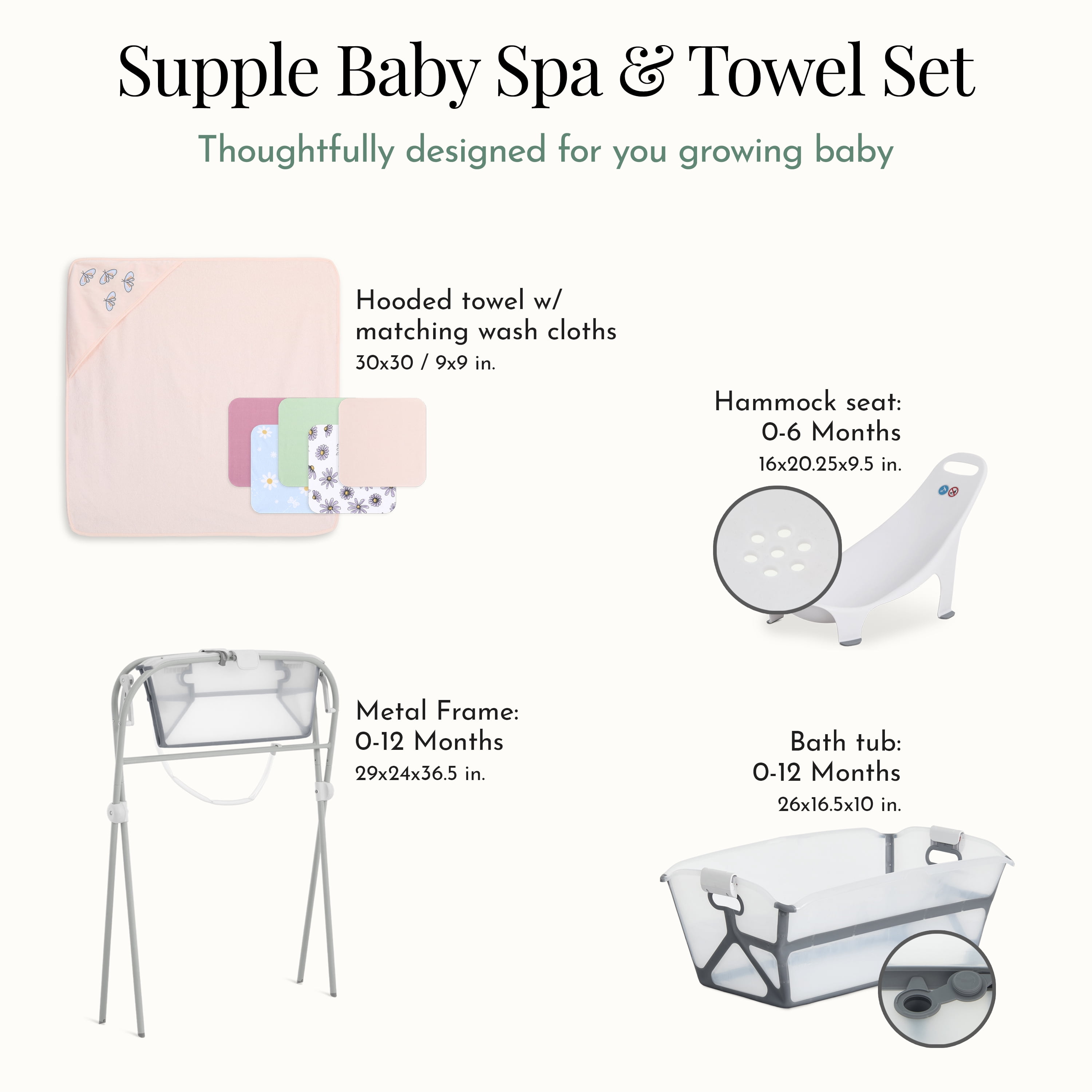 Evolur Supple Spa Kit With Towel, Includes Supple Baby Spa Set, 5-Piece Washcloth Set And Complementary Garden Hooded Towel in Pink