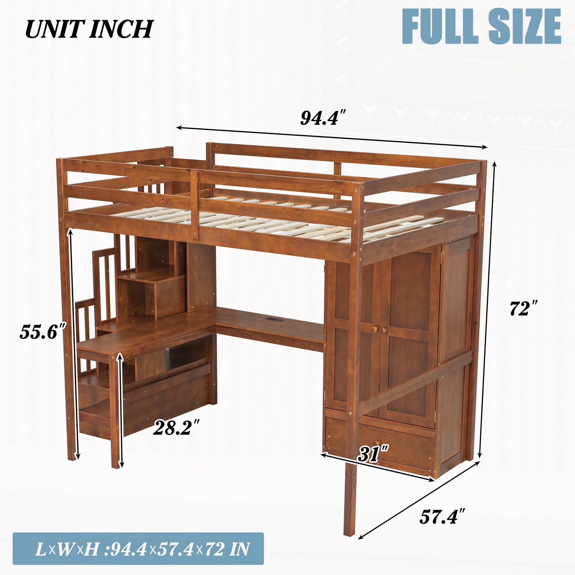 Sailvan Loft Wood Bed with Desk, Bookshelves and Wardrobe with Doors and Drawer