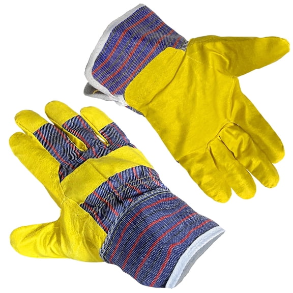 Yellow Suede Leather Work Gloves for Men & Women. 12 Pack of Standard Wing Thumb Gloves with Safety Cuff & Striped Cotton Canvas Back. Lightweight Waterproof Gloves for Work in Cold Weather