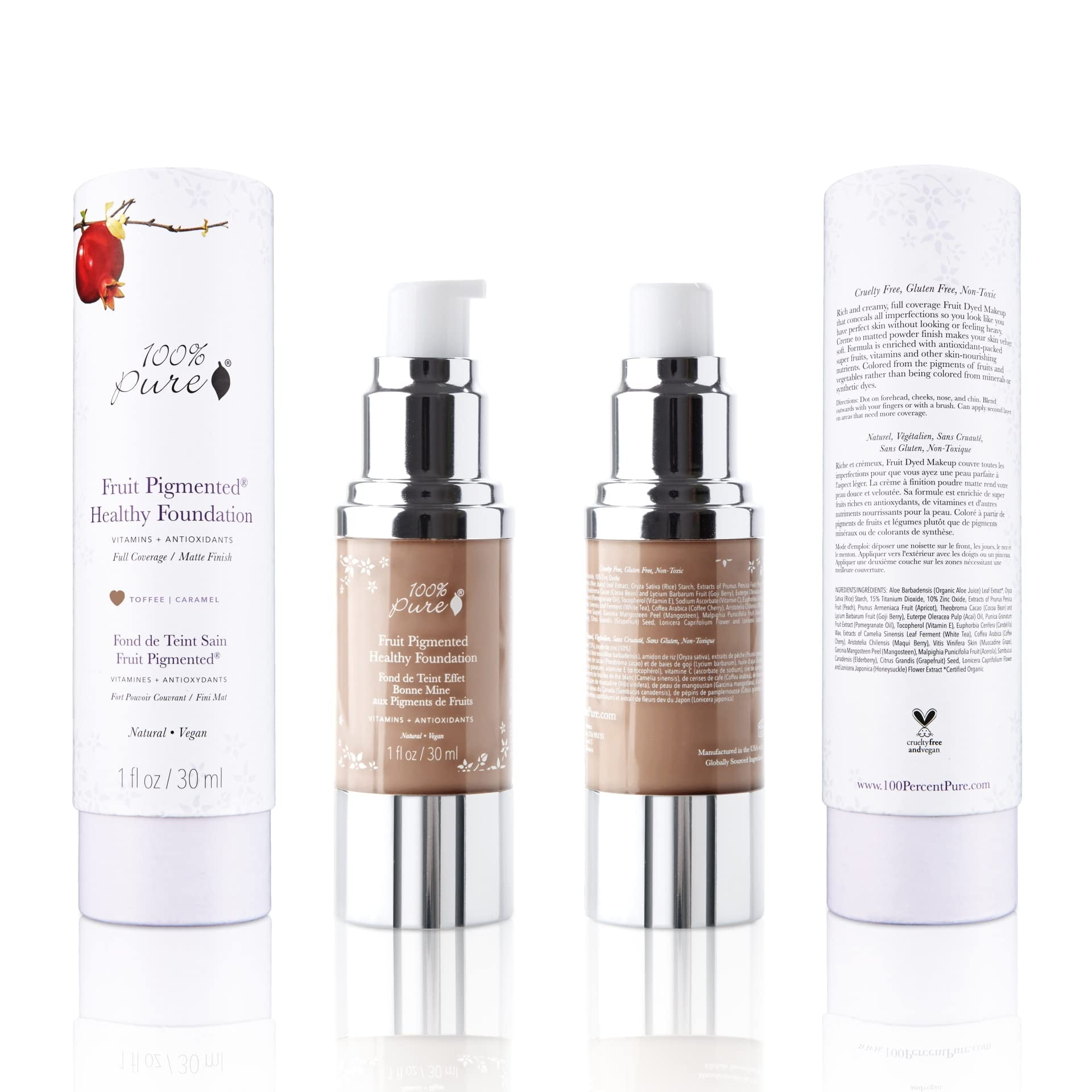 100% PURE Healthy Foundation Full Face Coverage Makeup, Liquid Matte Finish with Anti-Aging Benefits - Vegan Gorgeous Fruit Pigmented Toffee Color (Tan with Neutral Undertone) - 1 Fl Oz