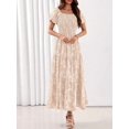 thumbnail image 3 of Beige Floral Tiered Maxi Dress Square Neck Short Sleeve Smocked Waist Flowy, 3 of 27