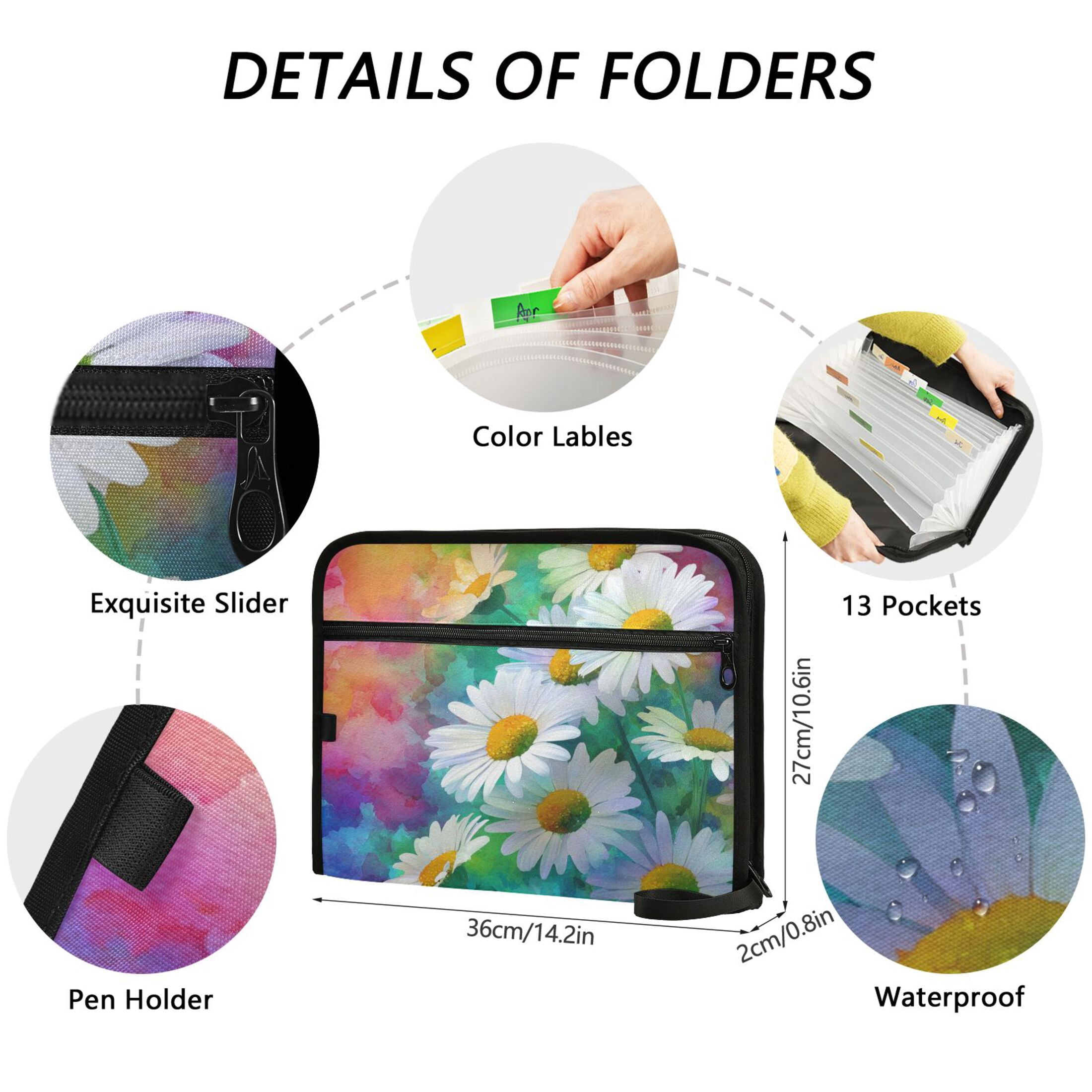 Accordion File Organizer with Zip Closure 13 Pockets Expanding File Folder Letter A4 Paper Document Organizer for Home Office Watercolor Daisies Pattern