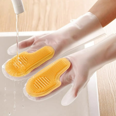 Waterproof Silica Gel Dishwashing Gloves - Thickened Non-Slip Kitchen Cleaning Mitts with Dense Bristles for Dishes Cutlery & Vegetables (1 Pair) yellow