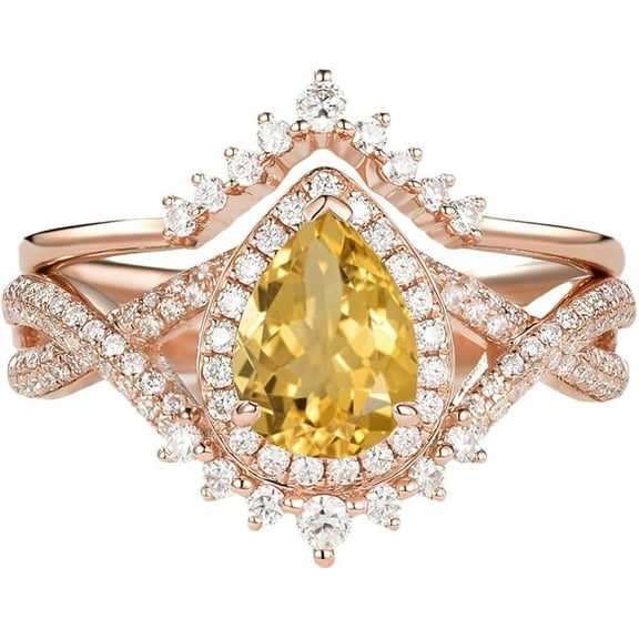beryl_creation 2.00 Ct Pear Cut Yellow Citrine Wedding Engagement Bridal Ring Set 14K Rose Gold Plated 925 Sterling Silver For Women's -5