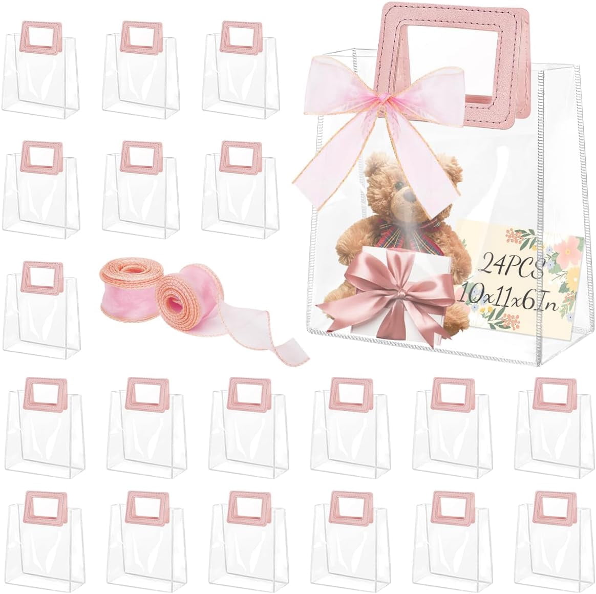 10 Pack Clear PVC Gift Bags With Handles - 7x4x8 Inch Wedding Favor, Shower, Party Favor Bags