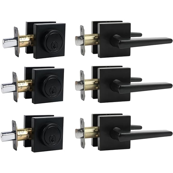Black Front Door Handle and Deadbolt Set,Door Handles Interior,Front Door Lock Set,Door Locks For Front Door,Dead bolt and Door Handle Set, Square Heavy Duty Exterior Door Knob with Deadbolt,3pack