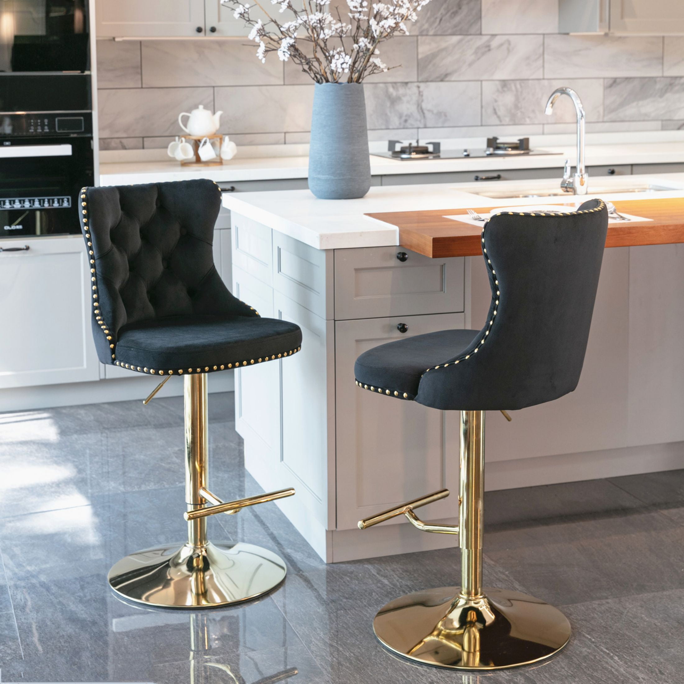 PORKISS Bar Stools Set of 2, Gold Velvet Swivel Barstools with Tufted Backs and Footrests, Upholstered Adjustable Seat From 25" to 33" for Home Pub, Kitchen Island, Black