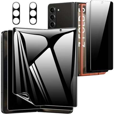 [6 in 1] for Samsung Galaxy Z Fold 5 Privacy Screen Protector, 2X Tempered Glass Front Film + 2X Inside Flexible Film + 2X Camera Lens Protector Case Friendly Protective Accessories