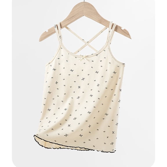 Nilvkv Cute Shirts for Girls, Girls Tank Tops, Kids Bow Detail Crisscross Strap Lace Trim Cami Top Layer Yellow 6-7 Years
