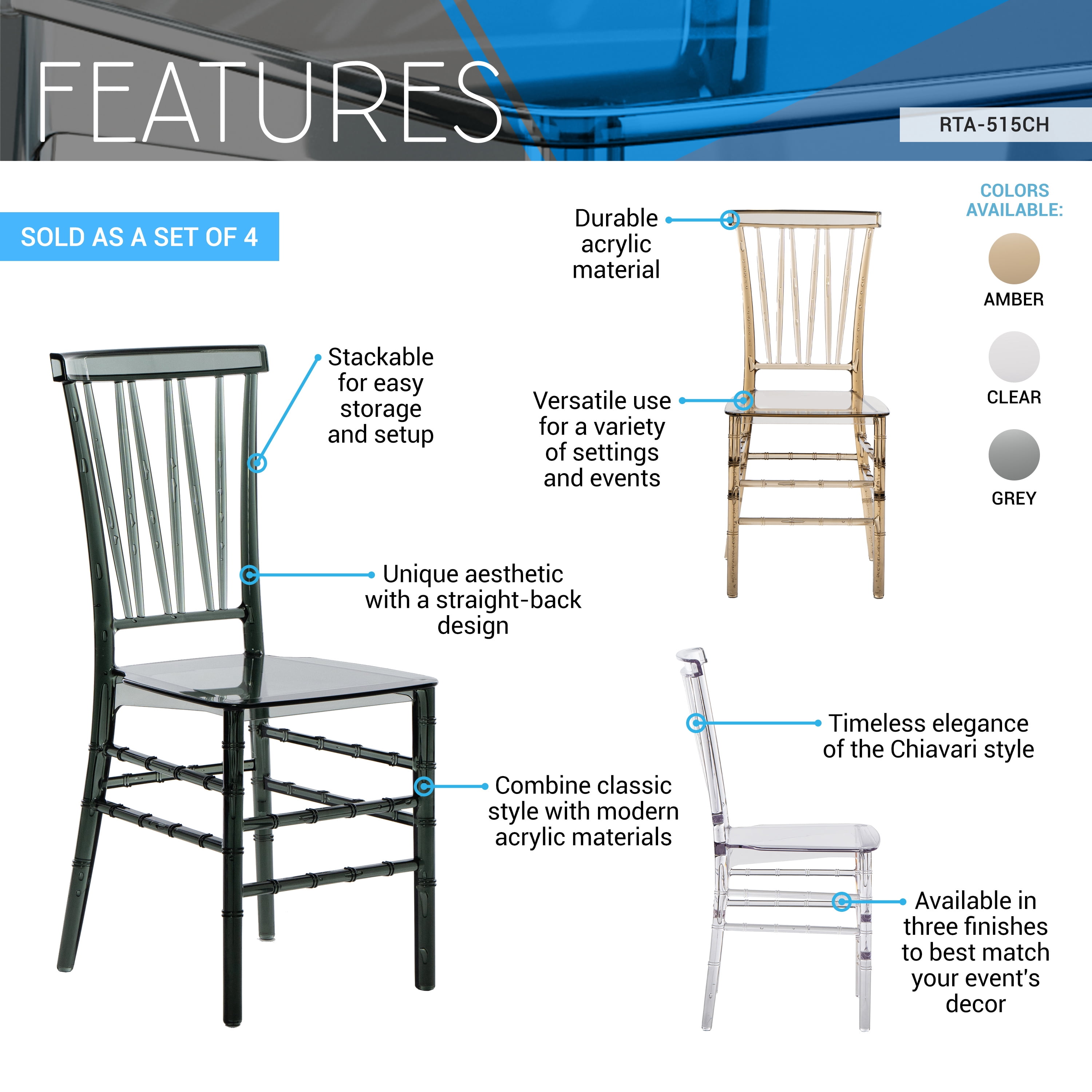Techni Home Stackable Chiavari Style Clear Acrylic Event Chairs – Set of 4