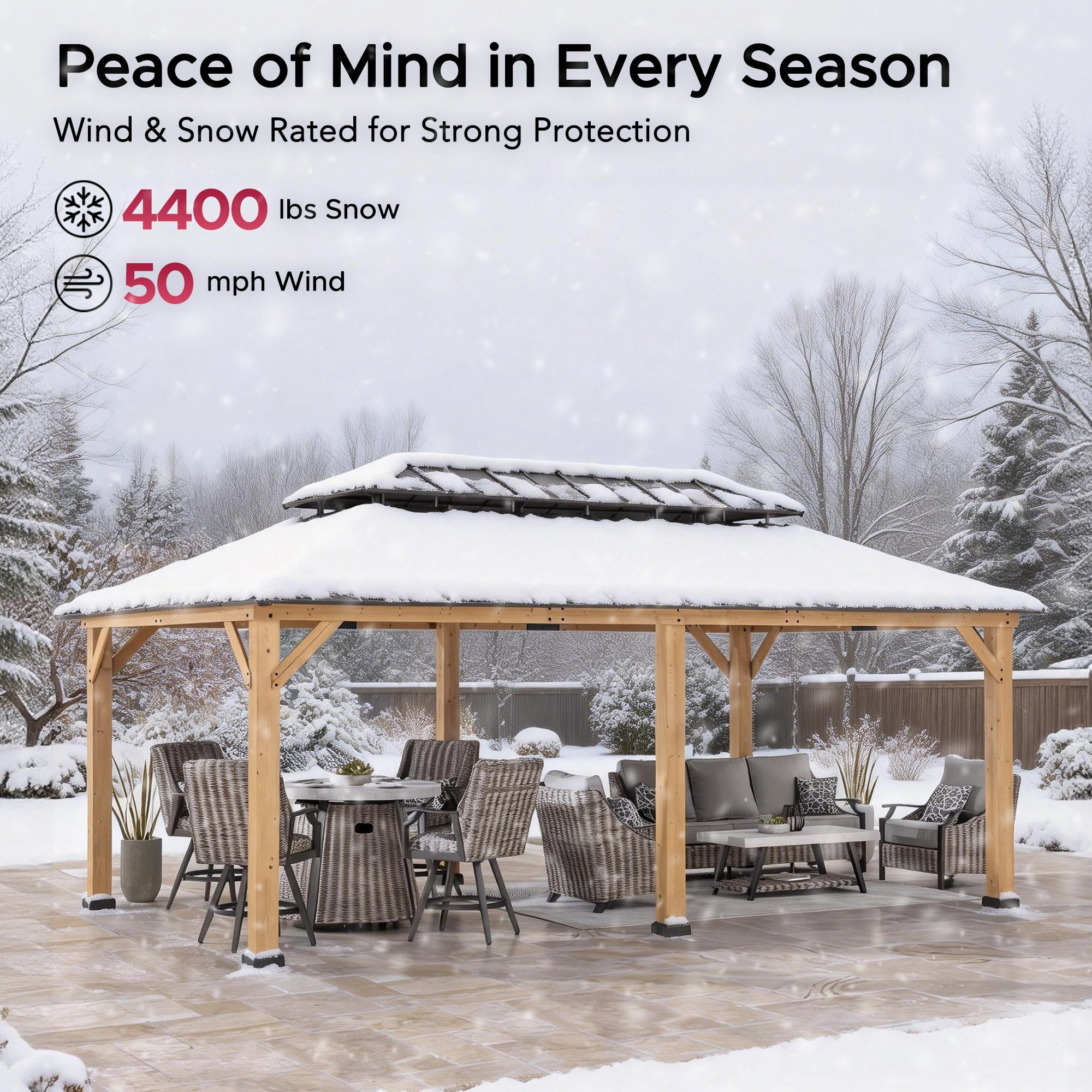 Sunjoy Gazebo en Bois 12 x 20 Pi, Gazebo Extérieur en Acier avec Toit Métallique à Deux Niveaux, Charpente en Cèdre, Adapté aux Terrasses, Jardins et Pelouses, Marron Foncé