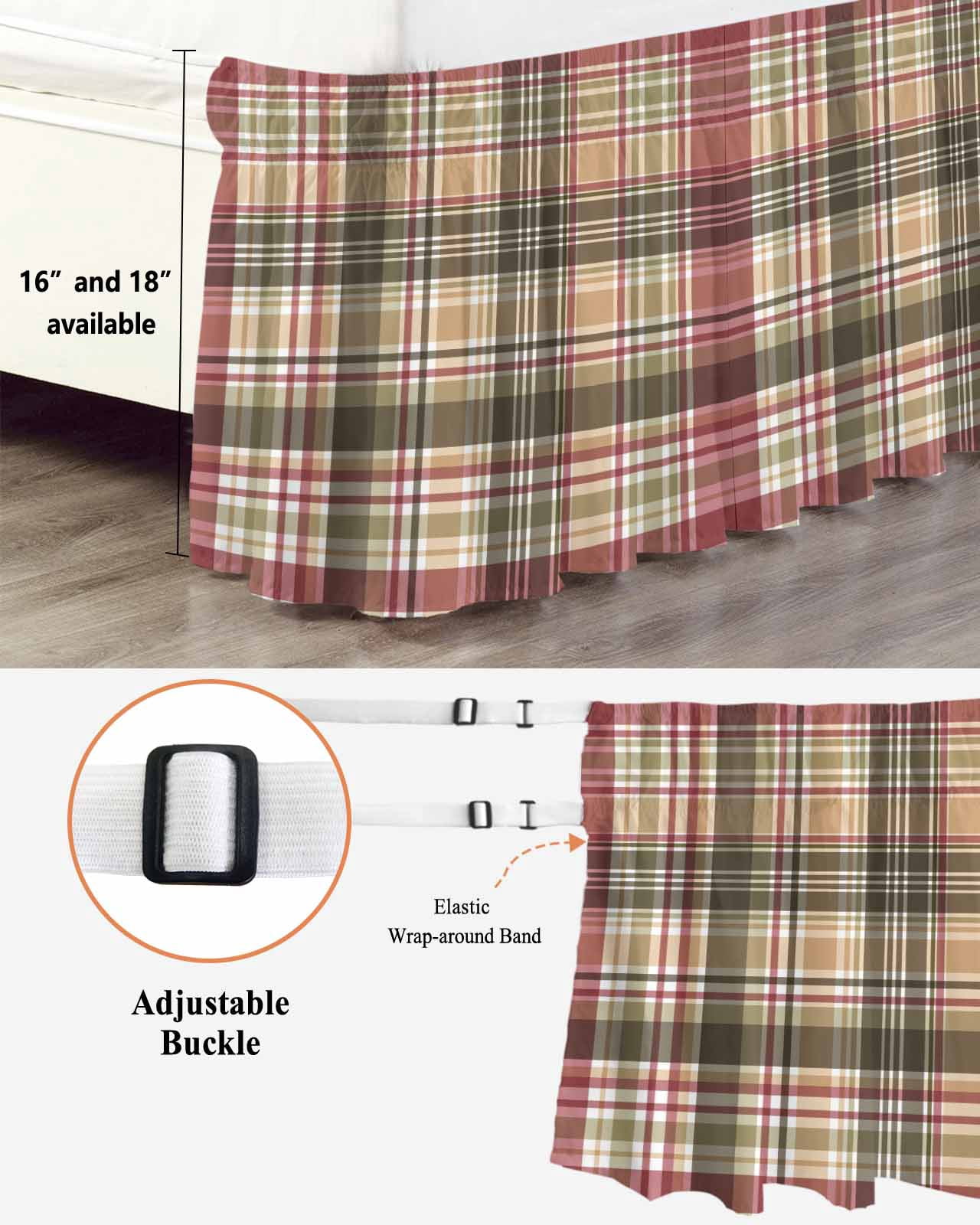 Buffalo Plaid Wrap Around Bed Skirts for Queen Bed 18" Drop,Bed Skirt with Adjustable Elastic Belt Dust Ruffle Bed Valance for Bedroom Hotel Luxury Modern Farmhouse Colorful Checkered Bed Frame Cover