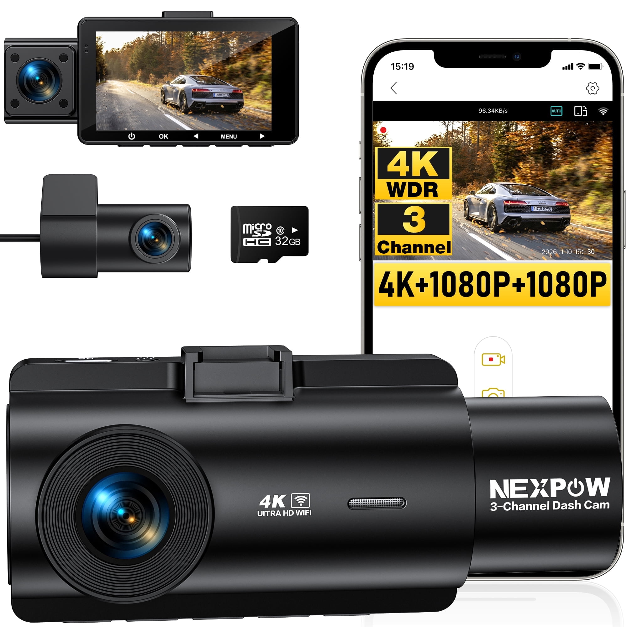 Nexpow 4K WiFi Dash Camera with Night Vision, Wide Angle, G-Sensor, Loop Recording, 24H Parking, 32GB SD