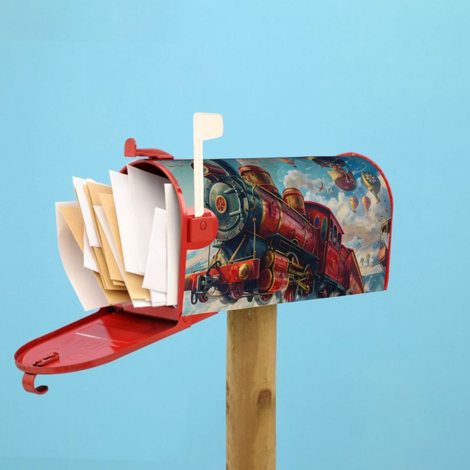 Fuzoiu Beautiful Red Train Hot Air Balloon Print Decorative Waterproof Mailbox Cover,Welcome Magnetic Mailbox Cover, Post Letter Box Wrap Cover for Outdoor Decor -21x18 in