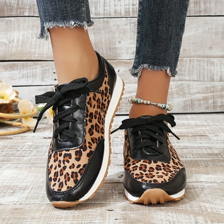 XGUANGZHP Womens Leopard Print Sneakers Casual Lace Up Outdoor Shoes Comfortable Low Top Sport Shoes