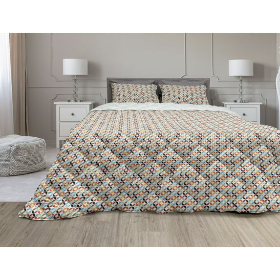 Geometric Circle Comforter & Sham Bedding Set, Old-Fashion Bound Squaring Circle Forms in Different Tones Centre Image, 3 pcs Duvet Set Microfiber Filling Quilt, 5 Sizes, Multicolor, by Ambesonne