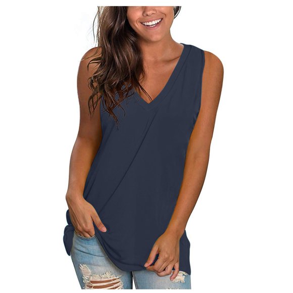QUINDOS Tank Tops for Women Workout Summer Navy Fashion Solid Vest Loose Sleeveless V-Neck T-shirt Pullover Tops Camisoles for Women