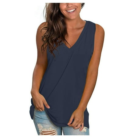 Mrat Camisole Tops Women Built In Bra Women s Fashion Solid Vests Loose Sleeveless V-Neck T-Shirt Pullover Tops Slimming Tank Tops for Women S-445 Navy L