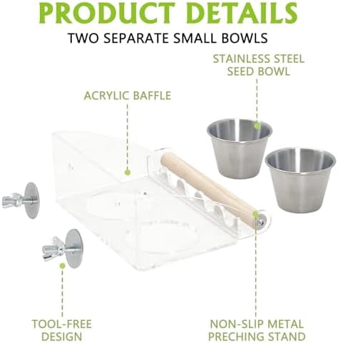 Bird Feeder for Cage with Double Stainless Steel Food & Water Bowls Anti-Slip Wood Perch Stand with No Mess Acrylic Seed Catcher for Parrot, Budgie, Parakeet, Lovebird, Canary, Finch,Conure