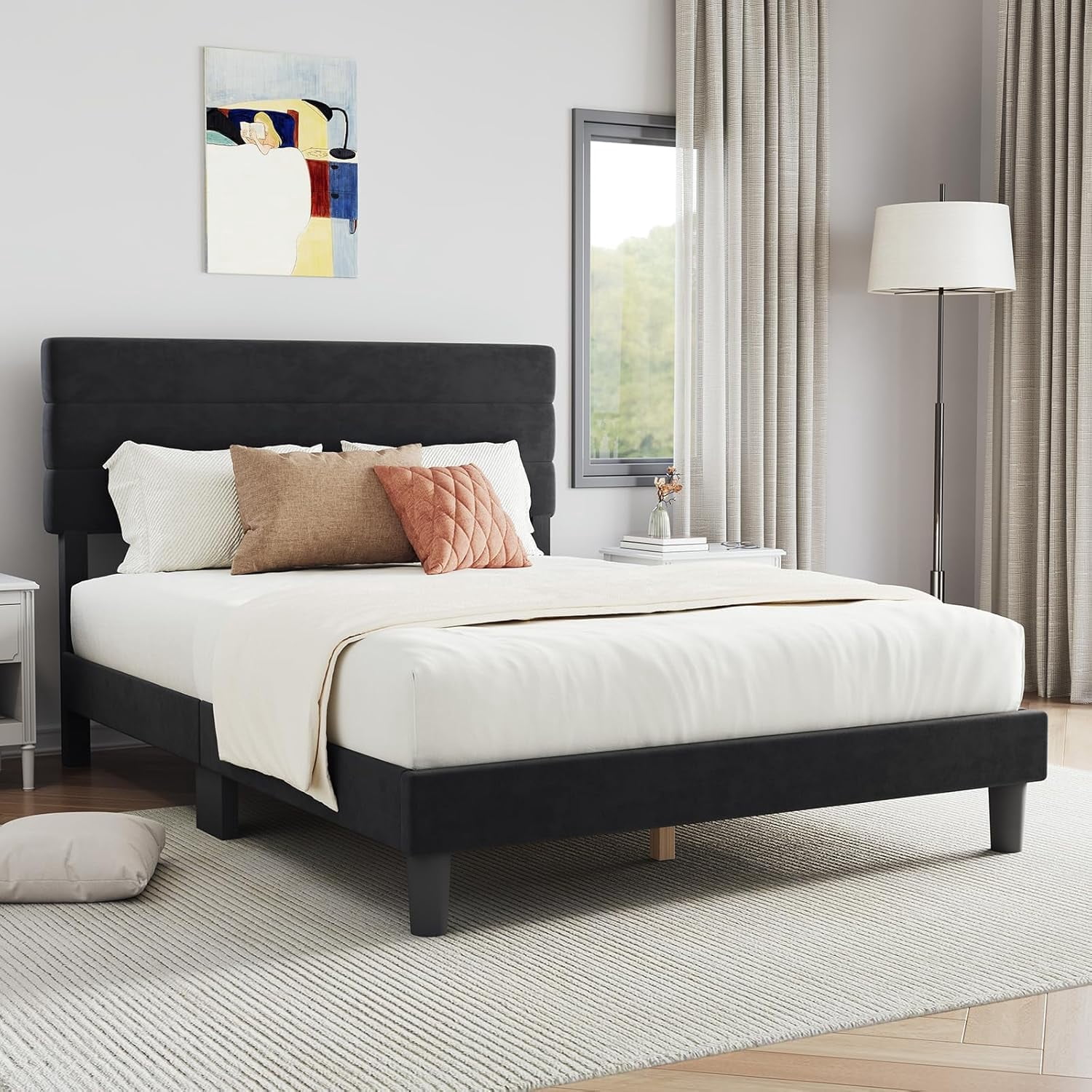 Novilla Full Size Platform Bed Frame with Velvet Headboard, Full Bed Frame with Wooden Slats Support, Fully Upholstered Mattress Fundation, No Box Spring Needed, Heavy Duty Feet, Easy Assembly, Black