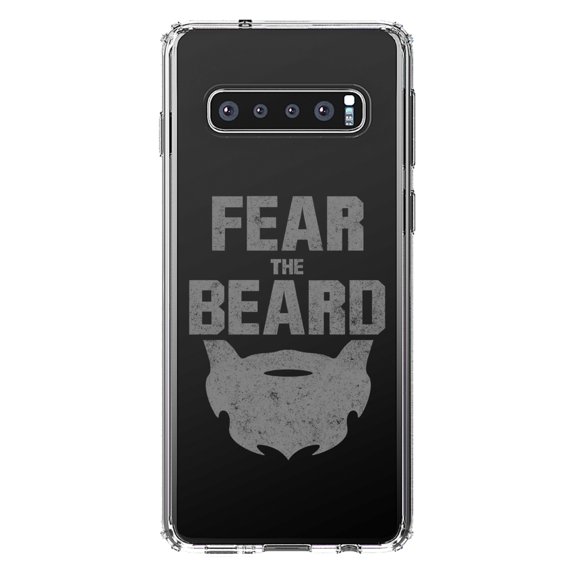 DistinctInk Clear Shockproof Hybrid Case for Samsung Galaxy S10  PLUS (6.4" Screen) - TPU Bumper Acrylic Back Tempered Glass Screen Protector - Fear the Beard