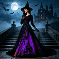 thumbnail image 5 of AoDai Gothic style long-sleeved witch dress with ghost castle print, suitable for Halloween party cosplay (all dress patterns are printed, the dress does not include a petticoat)., 5 of 6