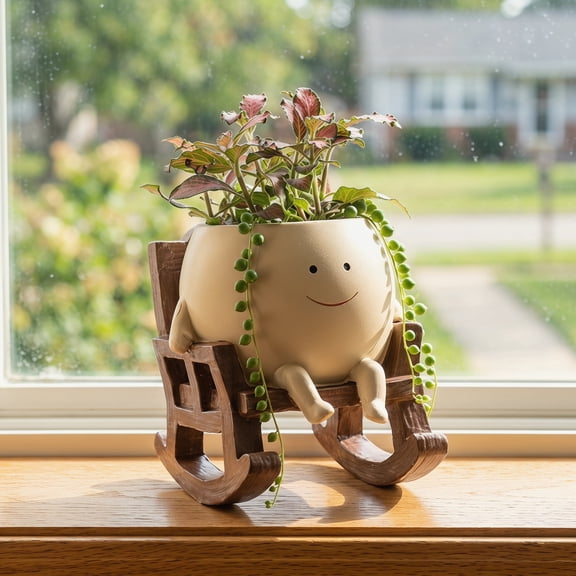 Smily Face Planter Pot, Cute Resin Flower Head Planters for Indoor Outdoor, Unique Sit Rocking Chair Succulent Pots with Drainage Hole