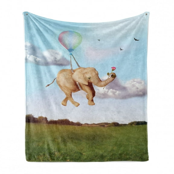 Animal Soft Flannel Fleece Throw Blanket, Romantic Animal Holds a Rose and Flies with a Balloon over the Field, Cozy Plush for Indoor and Outdoor Use, 50" x 60", Pale Blue Olive Green, by Ambesonne